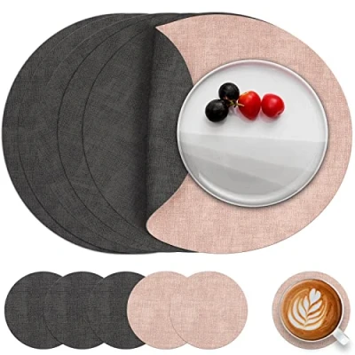 Afbeelding van Myir JUN Lederen Placemat Rond en Onderzetters, Tafelmatten Waterdichte Afveegbare Dubbelzijdige Plaats Matten Koffiematten Antislip Wasbare Placemats Coaster (Grijs Roze, Sets 6)