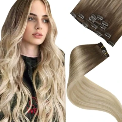 Afbeelding van LaaVoo Clip in Hair Extensions Human 5pcs 80g 16Inch Balayage Lichtbruin naar Ash Blonde en Platinum Haarextensies Remy Naadloze Dubbele Weft #8/18/60