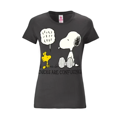 Afbeelding van Logoshirt Vrouwen T Shirt Snoopy Peanuts Chicks Are Confusing met ronde hals van donkergrijs