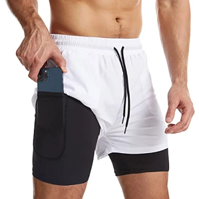 Afbeelding van Danfiki Sportshorts 2 in 1 voor mannen, ademend, met zakken, sneldrogende sportbroek zak, sportlegging, Base Layer Stretch, Wit., S