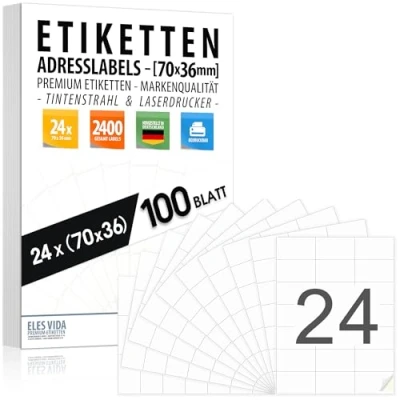 Afbeelding van Zelfklevende 70 x 36 adreslabels (24 per DIN A4 vel), adreslabels, bedrukbaar met inkjet en laserprinterstickers, printeretiketten, Made in Germany, 100 vellen, mm