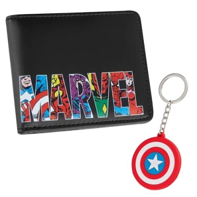 Afbeelding van Marvel Kaartenportemonnee en sleutelhanger set voor mannen tieners Kaartsleuven ID Pocket Groot Heren Portemonnee Geschenken Mannen, Zwarte Captain America, One Size, Modern