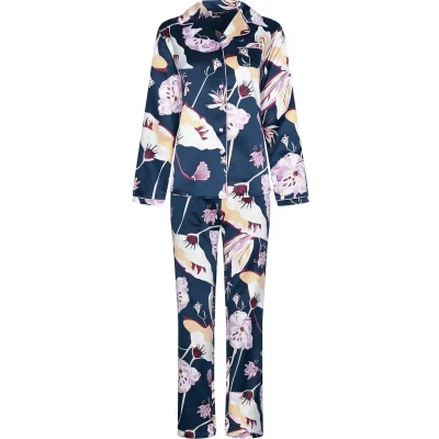 Afbeelding van Chique satijnen doorknooppyjama bloemen Blauw Maat 48
