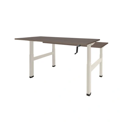 Afbeelding van Dextro zit/sta hoogte slinger verstelbare Duo werkplek, bladmaat 2 x 180 80 cm., frame kleur wit RAL 9010 blad 25 mm. melamine Logan Eiken