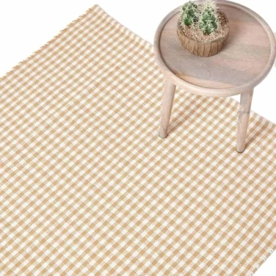 Afbeelding van Homescapes beige en wit geruit handgeweven katoenen vloerkleed, 60 x 90 cm