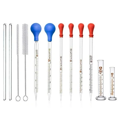 Afbeelding van JesSTOLO Glazen pipetten, 6 stuks pipetten met schaal van glas, 0,5 ml 1 2 3 5 10 reinigingsborstels, meetcilinders, mengstokjes glas voor laboratoriumchemicaliën