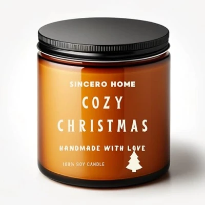 Afbeelding van SINCERO HOME Geurkaars Cozy Christmas Handgemaakte Sojakaars met Houten Lont en Gemberkoekjesgeur Perfect Cadeau voor de Feestdagen in Amberglas (Gemberkoekjes)