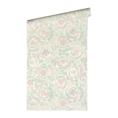 Afbeelding van SATIJN GLANZENDE KLASSIEKE BLOEMEN BEHANG Design munt roze wit groen A.S. Création Versace 5