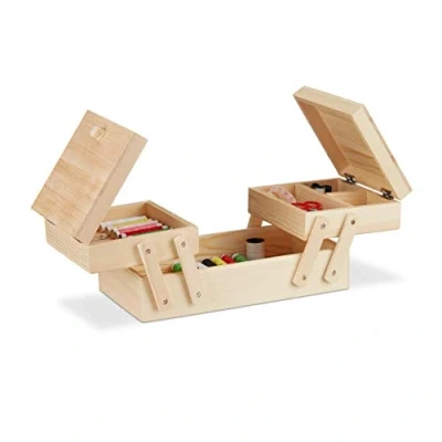 Afbeelding van Relaxdays naaidoos hout, 5 vakken, uitklapbaar, zonder inhoud, compact, met handgrepen, HBD: 12x26x15,5 cm, natuur