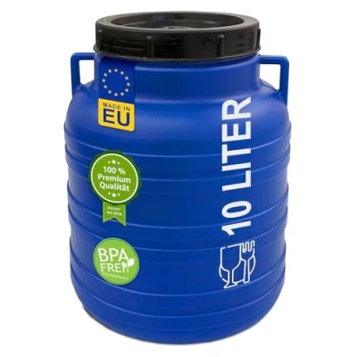 Afbeelding van plasteo® 10 liter brede hals met deksel, voerton kunststof vat, universeel voedselveilig, watervat, zuurkoolvat, opslagvat, stabiele handgrepen, blauw
