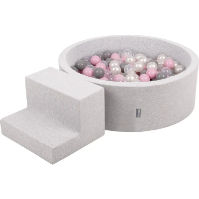 Afbeelding van KiddyMoon Schuimspeelplaats Met Ronde Ballenbak (200 Ballen) Ballenbakken Voor Baby&#039;s Speelbad Hindernisbanen, Gemaakt In De EU, Licht Grijs:Parel/Grijs/Transparant/Poeder Roze