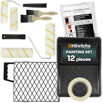 Afbeelding van Hinrichs Schilderset 12 delig verfrollerset met verfbak, afstrijkgreep, afdekzeil, afplakband, kwast, verfroller muurverf, steekbeugel schilderaccessoires schilderroller set