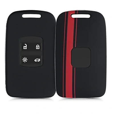 Afbeelding van kwmobile autosleutelhoes compatibel met Renault 4 knops Smartkey autosleutel (alleen Keyless Go) hardcover beschermhoes Rallystrepen rood/zwart