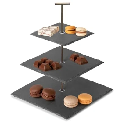 Afbeelding van Navaris etagère 3 laags van leisteen Mooi en elegant design Taartplateau of cake standaard Ideaal voor high tea, cupcakes desserts Zwart