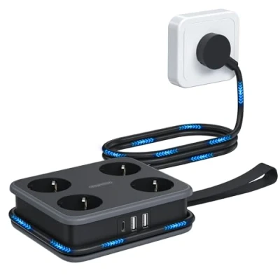 Afbeelding van NTONPOWER Stekkerdoos met USB C 4 Stopcontacten 7 in 1 Meervoudige 1,6 Meter Verdelerstopcontact, Wandmontage, Zwart