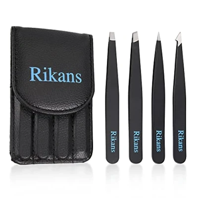 Afbeelding van Rikans Set di 4 pinzette professionali nere Handy Pouch in acciaio inox qualità superiore Schegge, sopracciglia, viso o peli incarniti