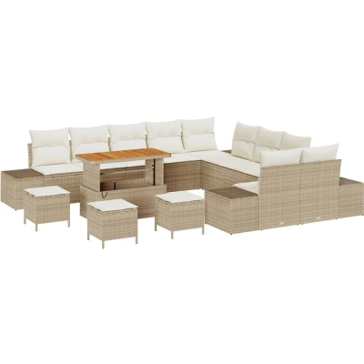 Afbeelding van vidaXL 14 delige Tuin Sofa Set met Kussens Beige Poly Rattan Acacia, 2 zits Rattan, 4 delig Eetset Acacia