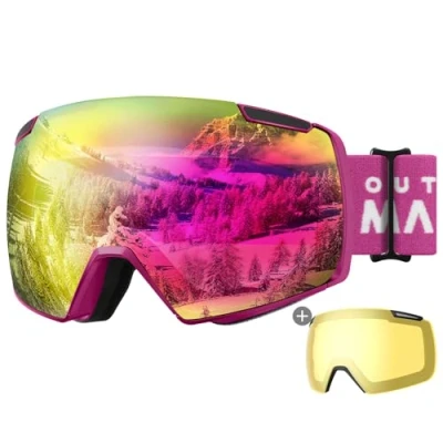 Afbeelding van OutdoorMaster Heron Skibril met 2 lenzen, frameloos, magnetische verwisselbare HD torische lens, over de bril snowboardbril (roze frame, roze VLT lens 13% + gele