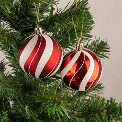 Afbeelding van 10cm/3 stuks kerstballen onbreekbaar rood wit snoep strips, kerstboom decoraties bal ornamenten ballen Xmas opknoping vakantie decor glanzend, mat, glitter