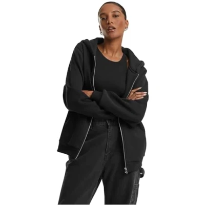 Afbeelding van Urban Classics Damestrui met capuchon, fluffy zip hoody, pluizige capuchontrui ritssluiting voor vrouwen, losse pasvorm, zwart, 4XL