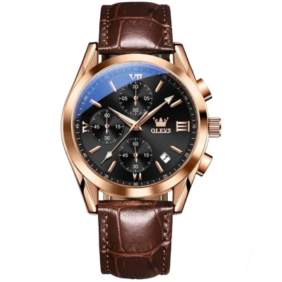 Afbeelding van Olevs HerenHorloge Lederen Band Polshorloge Heren Cadeau Horloge Geschenkdoos Mannen Rosé en Bruin Polsband