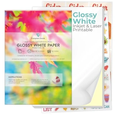 Afbeelding van Evergreen Goods Glanzend A4 stickerpapier, 100 vel, wit, zelfklevend, inkjet/laser afdrukbaar papier, doe het zelf stickers, kunst en ambachten, plottercompatibel, sterke achterkant