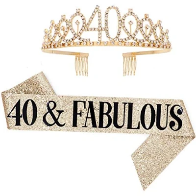 Afbeelding van Leixi 40 en fantastische Sjerp &amp; Rhinestone Tiara Set 40e verjaardagscadeaus Verjaardag voor Vrouwen Feestartikelen (Goud)