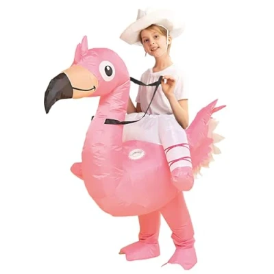 Afbeelding van AirSuit® Opblaasbaar roze flamingo verkleedkostuum voor kinderen, maat 90 tot 120 cm, van zeer duurzaam polyester, aangenaam om te dragen, inclusief oppompsysteem, enorm dier, OriginalCup®