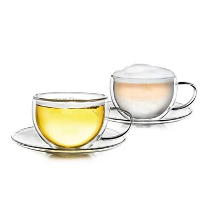 Afbeelding van Creano Thermo kop dubbelwandige thee/latte macchiato cappuccino cup met onderzetter 250ml, set van 2