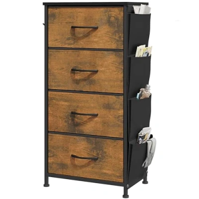 Afbeelding van YITAHOME Commode, 5 stoffen laden met handgrepen, opbergkast, ladekast, kast, metalen frame, commode voor slaapkamer, woonkamer, hal, kantoor, rode houtnerf