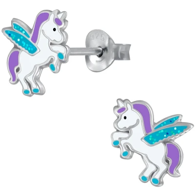 Afbeelding van JoyS Zilveren eenhoorn met glitter vleugeltjes oorbellen unicorn oorknoppen