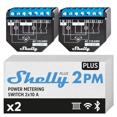 Afbeelding van Shelly Plus 2PM, Set van 2, 2 kanaals relaisschakelaar, Wi Fi, 18 A, Controleert rolluiken en elektrische circuits hun stroomverbruik, Compatibel met Alexa