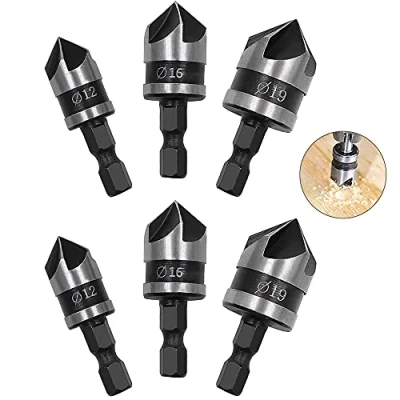 Afbeelding van 6 stuks afgeschuinde frees, 90 graden, 5 fluiten, boor van koolstofstaal, afschuiningskop, gereedschap voor boren en afschuining (12 mm, 16 19 mm)