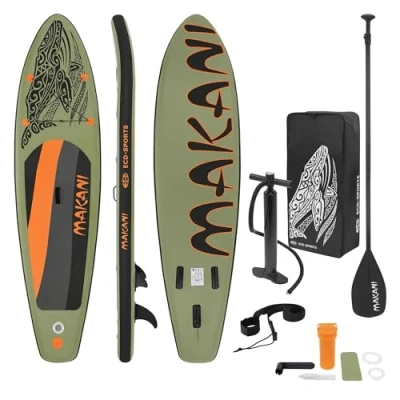 Afbeelding van ECD Germany Opblaasbaar Stand Up Paddle Board Makani 320 x 80 15 cm Olijfgroen PVC materiaal draagvermogen tot 120 kg met pomp draagtas en accessoires SUP surfplankmodellen