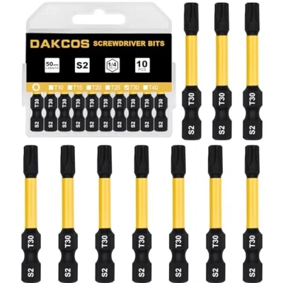 Afbeelding van DAKCOS T30 bit lang, torx T30, assortiment van S2, schroefbit, 1/4 inch zeskantschacht (lengte: 50 mm, 10 stuks)