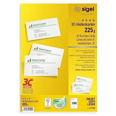 Afbeelding van SIGEL LP795 printbare 3C visitekaartjes, 100 stuks (10 vellen), helderwit, rondom glad gesneden, 225 g, 85x55 mm