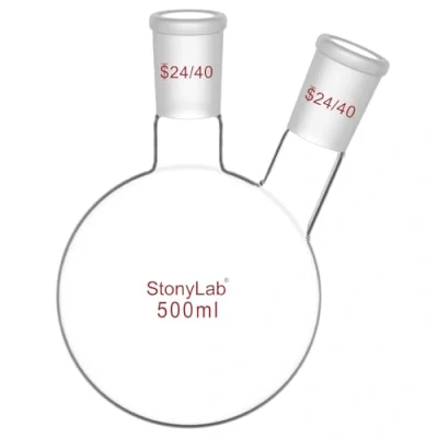 Afbeelding van stonylab Glazen Zware Muur 2 Nek Rond Bodem Kolf RBF, met 24/40 Centrum en Kant Standaard Taps Toelopende Buitenver Binding, 500 ml