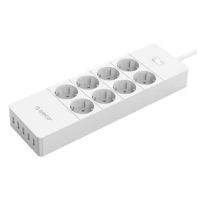 Afbeelding van Orico Stekkerdoos met acht stopcontacten en vijf USB laadpoorten Incl. aan/uit schakelaar overspanningsbeveiliging 4000W Wit