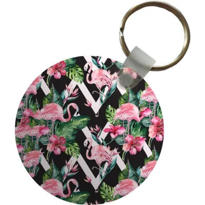 Afbeelding van Sleutelhanger Flamingo Bloemen Bladeren Patronen Plastic Rond Uitdeelcadeautjes