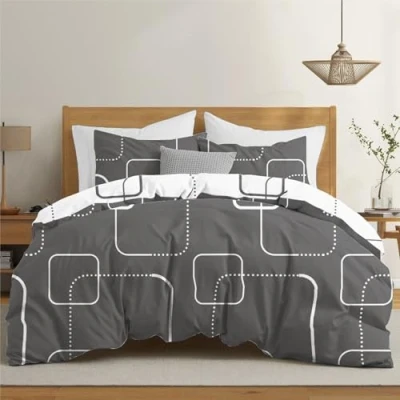 Afbeelding van Dreamzie dekbedovertrek 200x200 cm met 2 kussenslopen 80x80 cm, grijs wit geopatroon, beddenset ritssluiting, tweepersoonsbedlinnen, Oeko TEX
