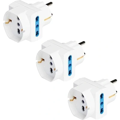 Afbeelding van POLY POOL Schuko stopcontactadapter, Duits en Italiaans stopcontact, 16 A, 2P+T (Italiaans 10 A + aarding aan de zijkant), 2 stopcontacten 2P+T, 1 stopcontact 3 witte