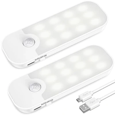 Afbeelding van Nachtlampje met Bewegingssensor [2 Stuks] Oplaadbaar 12 LED kastverlichting 3 Standen (Auto/ON/OFF) Warmwit Oriëntatielicht voor Kinderkamer Slaapkamer Hal Keuken Trap