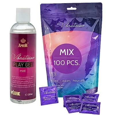 Afbeelding van VIBRATISSIMO condoom Mix 100 pack gemengd &amp; glijmiddelset I authentiek gevoel extra nat Condoomzakje dunne wanddikte gearomatiseerd Condooms ultradun genopt geribbeld