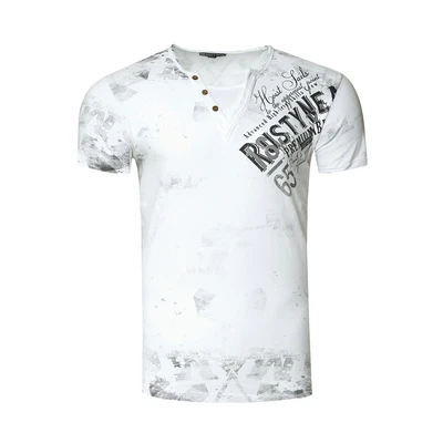 Afbeelding van T Shirt heren Verwassen Used Look Zijdelingse Logo Print Ronde hals met knoopsluiting V Optiek 240, wit, XL