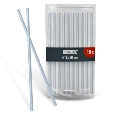 Afbeelding van HELPMATE schroefdraadstang M10 x 330 mm van verzinkt staal, 10 stuks met metrische volledige schroefdraad, schroefdraadstift sterkteklasse 4.8, DIN 976