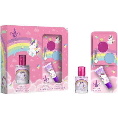 Afbeelding van eau my unicorn geschenkdoos met 30 ml de toilette, lipgloss en oogschaduwpalet