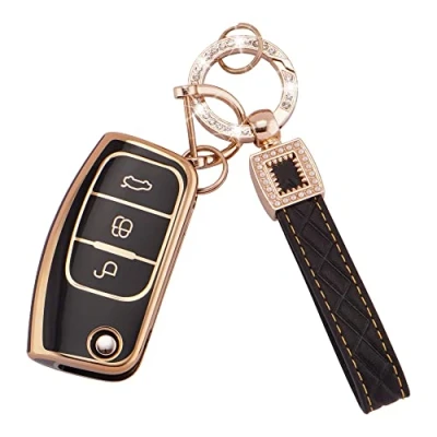 Afbeelding van Koaudb Autosleutel Fob Cover Case Shell Fit voor Ford Focus Fiesta Galaxy Kuga C Max S Mondeo MK4 3 knoppen Flip Folding Key met lederen sleutelhanger Lanyard Zwart Goud (BP Frd 3F)