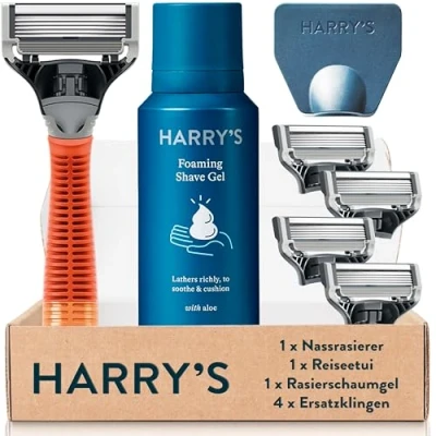 Afbeelding van Harry&#039;s Scheerapparaat voor mannen, scheerset met oranje handvat, 4 reserves, reis mes cover, 60 ml scheergelscheermesjes, scheermesjes heren,