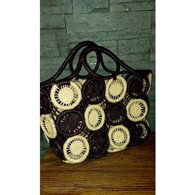 Afbeelding van Tas riet zwart naturel , Rietentas maat M, Shopper van riet, Boodschappentas, Handtas, naturel, Strandtas