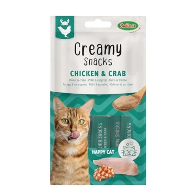 Afbeelding van Bubimex Creamy Snacks Kip &amp; Krab Likcrème voor katten Gladde, romige en smakelijke textuur Stimuleert de eetlust bevordert hydratatie 4 x 15 g
